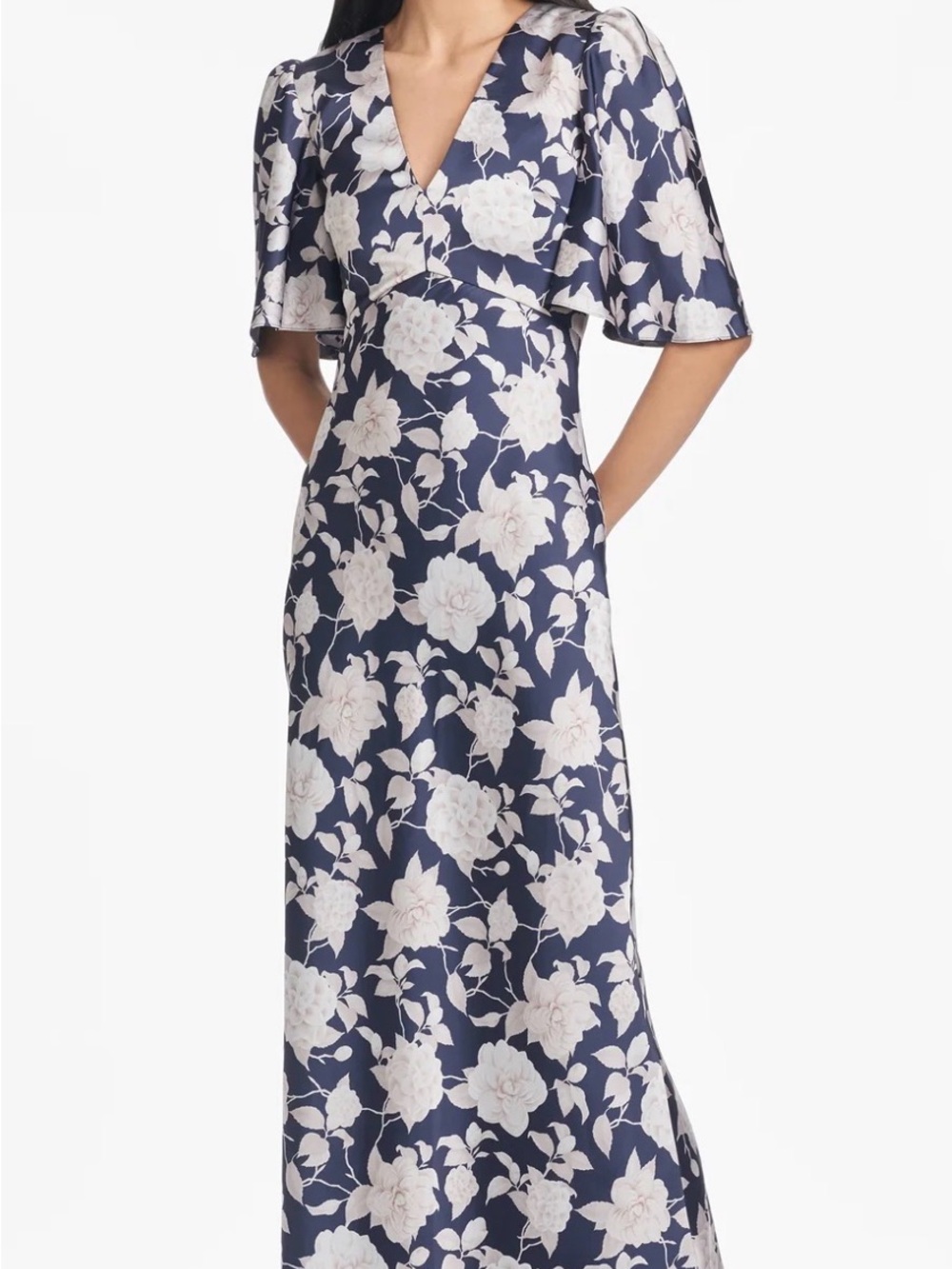 SACHIN + BABI MAE NAVY WHITE FLORAL SATIN EMPIRE WAIST DESIGNER GOWN
